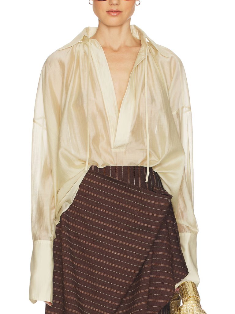 Helsa The Poet Blouse Oversized Sheer Hot Nerd Celadon Light Beige Xxs
